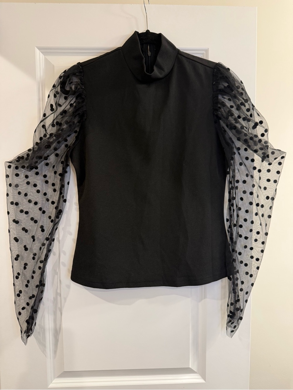 Black Sheer Polka Dot Sleeve Mock Neck Top